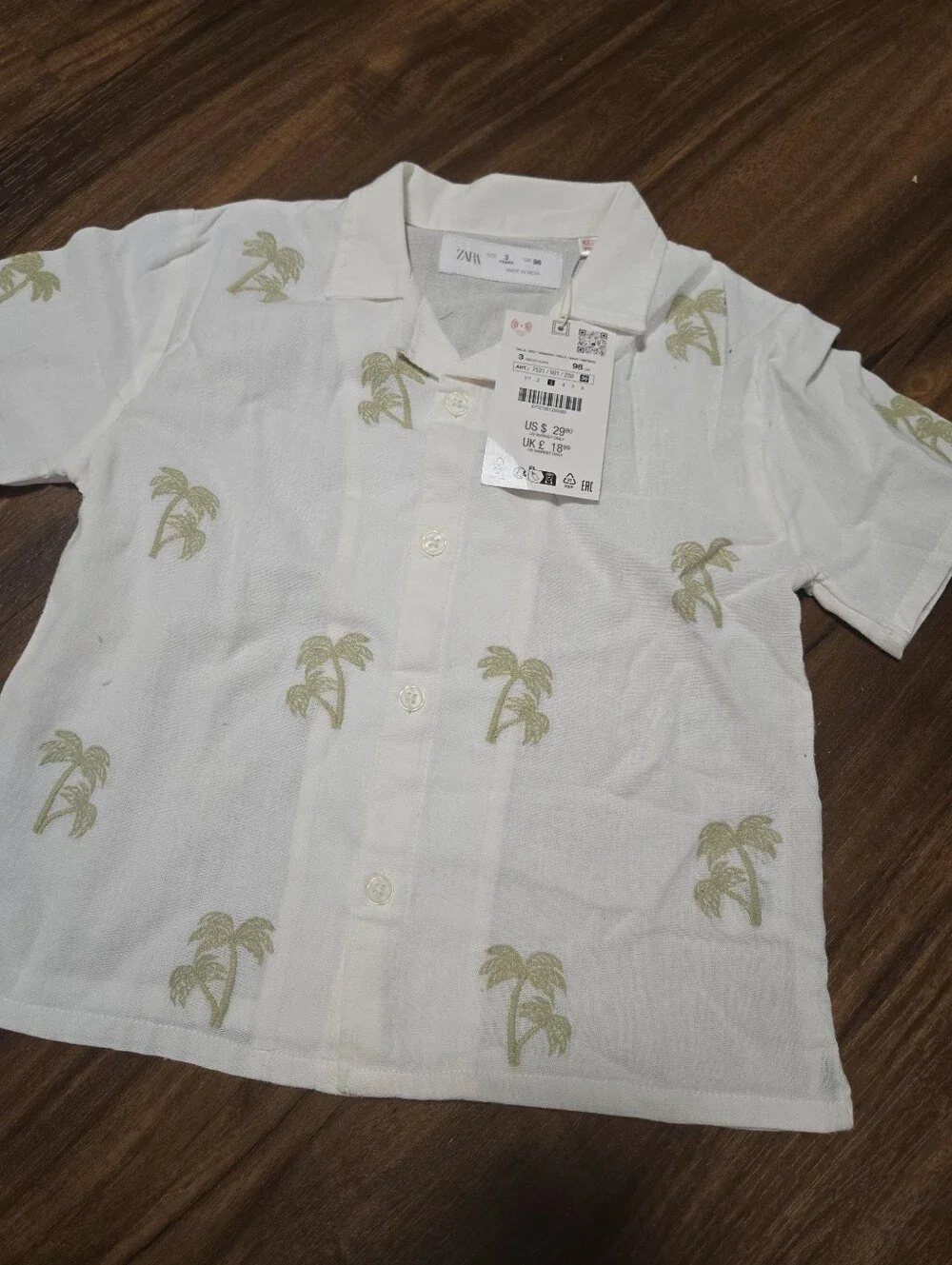 Zara Set White Short-Sleeve Palm Print Shirt Button Down with Sage Green Pant 3T